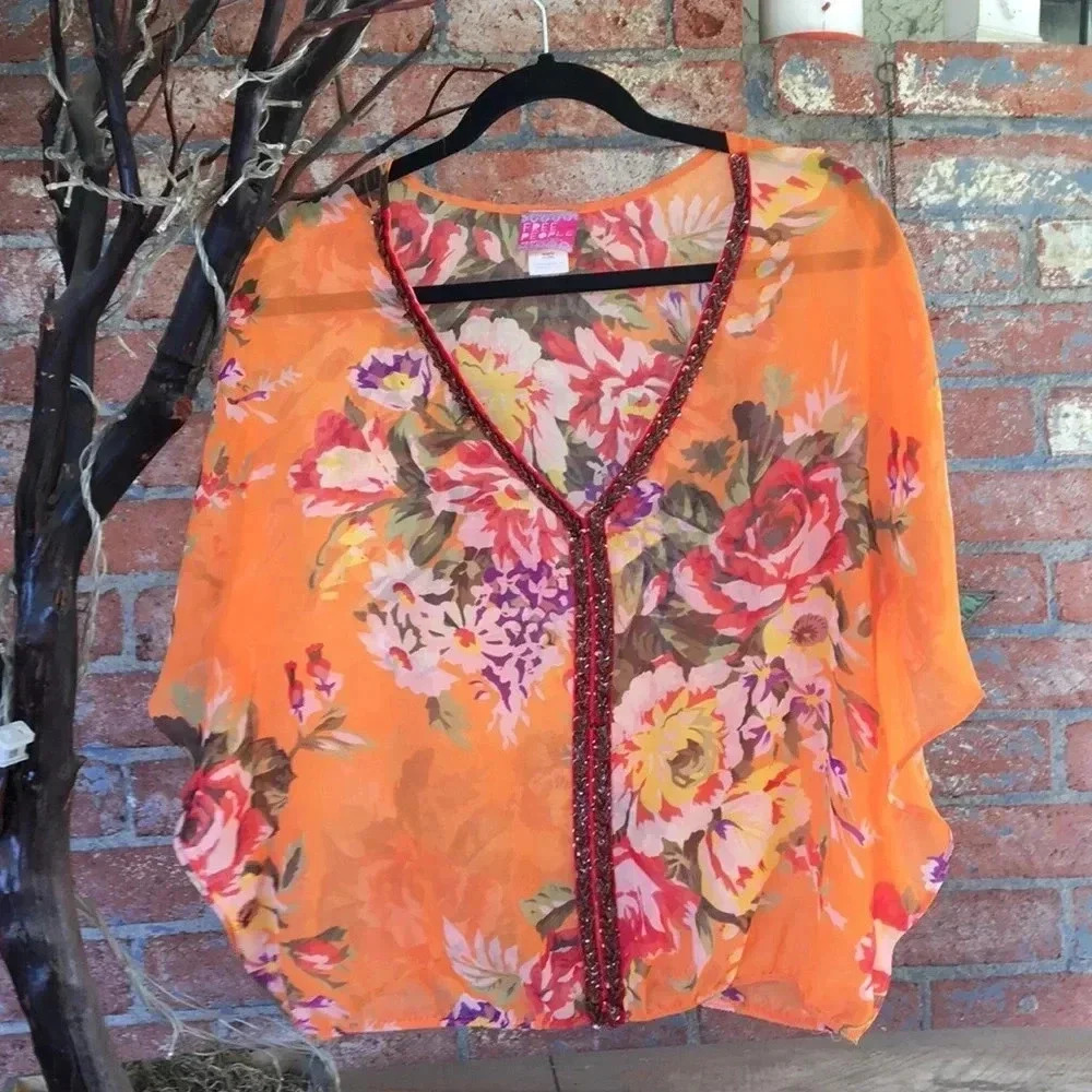 Free People Orange Sheer Genius Floral Top